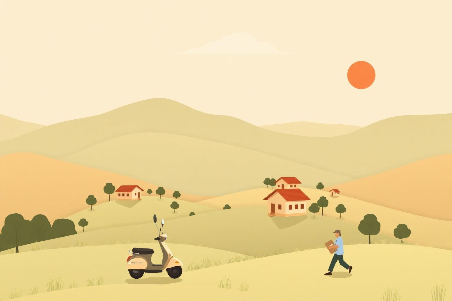 Illustrated Northeast hills with a delivery scooter and walker